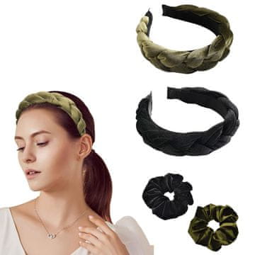 Nikcorp Set pribora za kosu, 2x baršunasti obruč s čvorom i 2x gumica za kosu, crna i tamnozelena boja, vintage stil, 4 dijela
