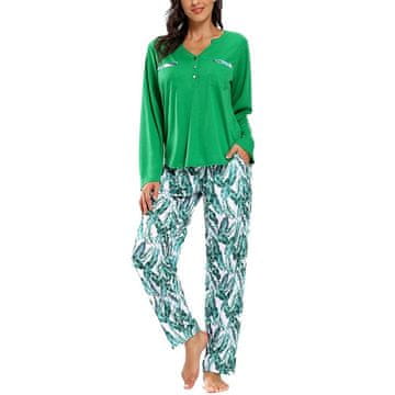 Nikcorp Ženska pidžama komplet, majica dugih rukava i duge hlače, motiv lišća, tamnozelena boja, mekani materijal, veličina XL