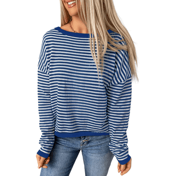 Nikcorp Ženska majica dugih rukava na pruge od čistog pamuka, mornarski stil, bijelo-plava, okrugli izrez, udoban kroj, XL