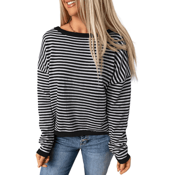 Nikcorp Ženska majica dugih rukava na pruge, 100% pamuk, longsleeve s okruglim izrezom, bijela s crnim prugama, regular fit, veličina M