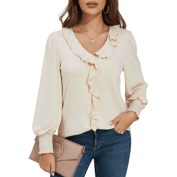 Nikcorp Ženska bluza V-izrez puf rukavi elegantna moderna vintage mekana pletena bluza, bež boja, veličina M