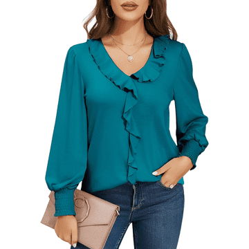 Nikcorp Ženska bluza V-izrez puf rukavi elegantna moderna vintage tirkizna, veličina M, ugodan materijal za svaki dan