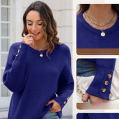 Nikcorp Ženski džemper okrugli izrez s gumbima, mekan i topao efekt kašmira, elegantno pletivo, plava boja, veličina S