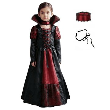 Nikcorp Kostim za djevojčice Vampirica, crno-bordo haljina s ovratnikom i choker ogrlicom, Halloween i karneval, 110/120 cm
