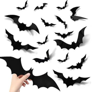 Nikcorp Halloween dekoracija 3D naljepnice šišmiši, set od 72 komada, vodootporni crni PVC za zid, 4 različite veličine i ljepilo