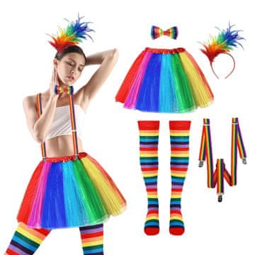 Nikcorp Ženski karnevalski dugin kostim, tutu suknja od tila, tregeri i dokoljenice, set 5 dijelova, univerzalna veličina za maskenbal