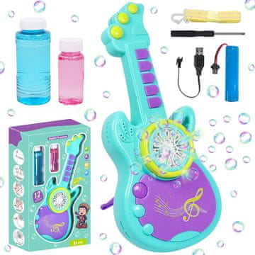 Nikcorp Stroj za mjehuriće od sapunice u obliku gitare, automat s glazbom i LED rasvjetom, USB punjenje + tekućina, 20 cm