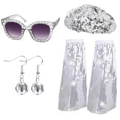 Nikcorp Disco kostim set dodataka 70-ih i 80-ih, retro karnevalski komplet sa šljokicama, ogrlicom i naočalama, srebrna boja