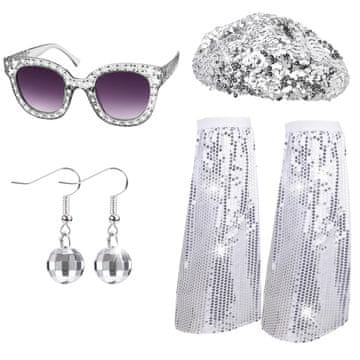 Nikcorp Disco kostim set dodataka 70-ih i 80-ih, retro karnevalski komplet sa šljokicama, ogrlicom i naočalama, srebrna boja