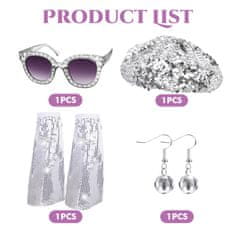 Nikcorp Disco kostim set dodataka 70-ih i 80-ih, retro karnevalski komplet sa šljokicama, ogrlicom i naočalama, srebrna boja