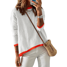 Nikcorp Ženski prugasti džemper od 100% pamuka, okrugli izrez, topli mekani pleteni pulover, sivo-bijeli, veličina M