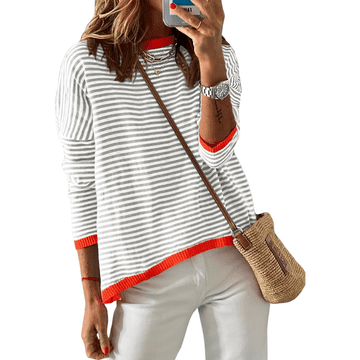 Nikcorp Ženski prugasti džemper od 100% pamuka, okrugli izrez, topli mekani pleteni pulover, sivo-bijeli, veličina M