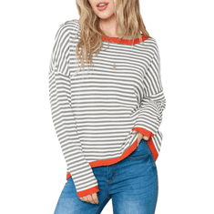 Nikcorp Ženski prugasti džemper od 100% pamuka, okrugli izrez, topli mekani pleteni pulover, sivo-bijeli, veličina M