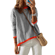 Nikcorp Ženski prugasti džemper od 100% pamuka, okrugli izrez, topli mekani pleteni pulover, crno-bijeli, veličina M