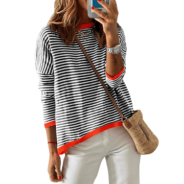 Nikcorp Ženski prugasti džemper od 100% pamuka, okrugli izrez, topli mekani pleteni pulover, crno-bijeli, veličina M