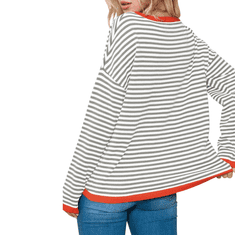 Nikcorp Ženski prugasti džemper od 100% pamuka, okrugli izrez, topli mekani pleteni pulover, sivo-bijeli, veličina M