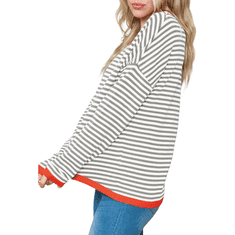 Nikcorp Ženski prugasti džemper od 100% pamuka, okrugli izrez, topli mekani pleteni pulover, sivo-bijeli, veličina M