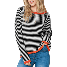 Nikcorp Ženski prugasti džemper od 100% pamuka, okrugli izrez, topli mekani pleteni pulover, crno-bijeli, veličina M