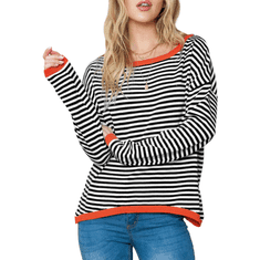 Nikcorp Ženski prugasti džemper od 100% pamuka, okrugli izrez, topli mekani pleteni pulover, crno-bijeli, veličina M