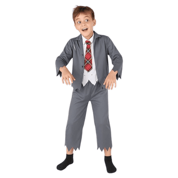 Nikcorp Kostim Zombie za djecu, Halloween i karneval, set košulja s kravatom i hlače, siva boja, veličina 3-5 godina (98-110 cm)