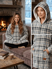 Nikcorp Deka majica s kapuljačom, topla oversize deka-majica od flanela, mekana i debela, siva karirana, univerzalna veličina