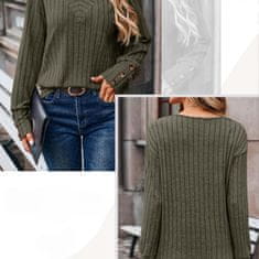Nikcorp Ženski džemper s V-izrezom i ukrasnim gumbima, mekano pletivo, dugi rukavi, vintage stil, tamnozelena boja, veličina M