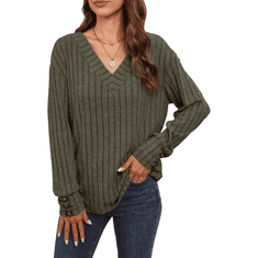 Nikcorp Ženski džemper s V-izrezom i ukrasnim gumbima, mekano pletivo, dugi rukavi, vintage stil, tamnozelena boja, veličina M