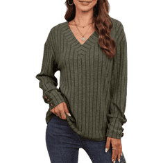 Nikcorp Ženski džemper s V-izrezom i ukrasnim gumbima, mekano pletivo, dugi rukavi, vintage stil, tamnozelena boja, veličina M