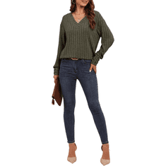 Nikcorp Ženski džemper s V-izrezom i ukrasnim gumbima, mekano pletivo, dugi rukavi, vintage stil, tamnozelena boja, veličina M