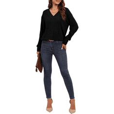 Nikcorp Ženski džemper s V-izrezom, dugi rukavi, ukrasni gumbi, mekano pletivo, retro vintage stil, crna boja, veličina S