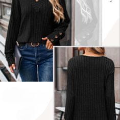 Nikcorp Ženski džemper s V-izrezom, dugi rukavi, ukrasni gumbi, mekano pletivo, retro vintage stil, crna boja, veličina S