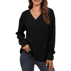 Nikcorp Ženski džemper s V-izrezom, dugi rukavi, ukrasni gumbi, mekano pletivo, retro vintage stil, crna boja, veličina S