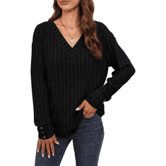 Nikcorp Ženski džemper s V-izrezom, dugi rukavi, ukrasni gumbi, mekano pletivo, retro vintage stil, crna boja, veličina S