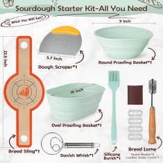 Nikcorp Set za pečenje kruha, 2 silikonska kalupa i pribor za tijesto, okrugla i ovalna košarica, sklopivi dizajn, tirkizna boja