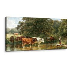 Nikcorp Slika na platnu Krave piju vodu i pastiri 50x100 cm, velika zidna dekoracija, HD tisak na drvenom okviru, pejzaž
