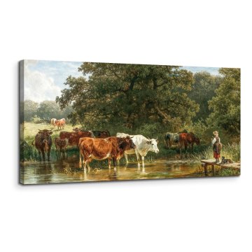 Nikcorp Slika na platnu Krave piju vodu i pastiri 50x100 cm, velika zidna dekoracija, HD tisak na drvenom okviru, pejzaž