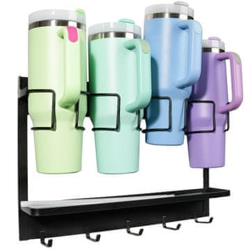Nikcorp Organizator i držač za Stanley šalice, magnetski stalak s 5 kuka i cjedilom, za 4 boce od 30/40 oz, crni mat čelik