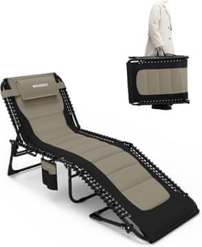 Nikcorp Sklopiva vrtna ležaljka za plažu s jastukom i džepom, 5 položaja, 190x59x37 cm, nosivost 120 kg, čelični okvir, khaki boja