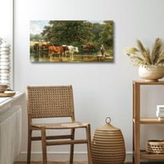 Nikcorp Slika na platnu Krave piju vodu i pastiri 50x100 cm, velika zidna dekoracija, HD tisak na drvenom okviru, pejzaž