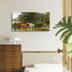 Nikcorp Slika na platnu Krave piju vodu i pastiri 50x100 cm, velika zidna dekoracija, HD tisak na drvenom okviru, pejzaž
