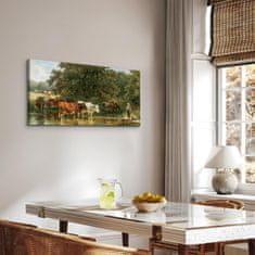 Nikcorp Slika na platnu Krave piju vodu i pastiri 50x100 cm, velika zidna dekoracija, HD tisak na drvenom okviru, pejzaž