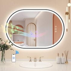 Nikcorp Kupaonsko ogledalo LED ovalno 90x60 cm, crni okvir, Bluetooth zvučnik, grijanje protiv magljenja, kaljeno HD staklo, IP44