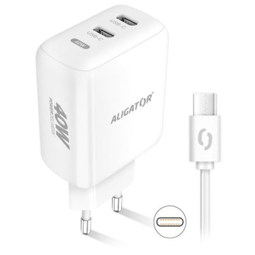 Aligator Mrežni punjač Power Delivery 40W, 2xUSB-C + USB-C cable - white