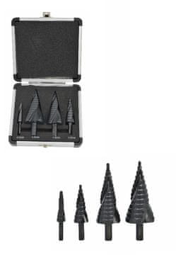 AWTOOLS SET SPIRALNIH STEPENASTIH BUŠILICA 4 KOM 4-12 4-20 4-32 4-39 mm AICrN CRNA PLASTIČNA KUTIJA