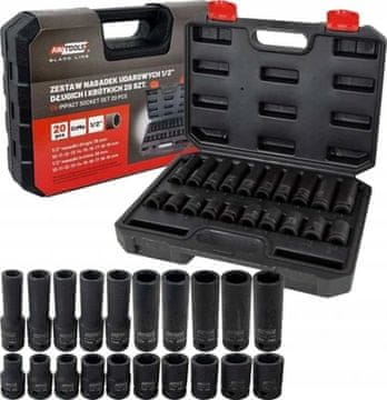AWTOOLS BLACK LINE SET KRATKIH I DUGIH UDARNIH NASADNIH KLJUČEVA 1/2" 20 kom.