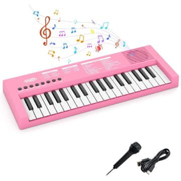 Northix Dječji klavijaturni klavir 37 tipki 8 ritmova USB i baterija roza