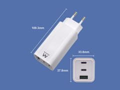Ewent EW1323 zidni punjač, GaN, 65 W, 2x USB-C, 1x USB-A QC 3.0, bijeli