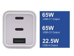 Ewent EW1323 zidni punjač, GaN, 65 W, 2x USB-C, 1x USB-A QC 3.0, bijeli