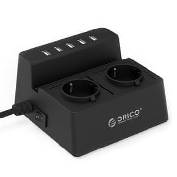 Orico Razdjelnik: 2x 230 V, 5x USB, 15.000 A, zaštita od prenaponskih udara, crna