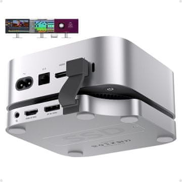 slomart Mac mini M4 priključna stanica i postolje: 2x monitora DP 4K 144Hz & HDMI 4K 60Hz, USB C čvorište, 4TB M.2 SSD utor, USB A, SD/TF, Audio
